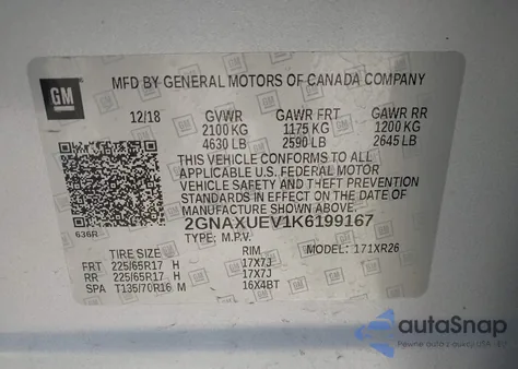 2019 Chevrolet Equinox Lt z USA, uszkodzony, nr VIN 2GNAXUEV1K6199167